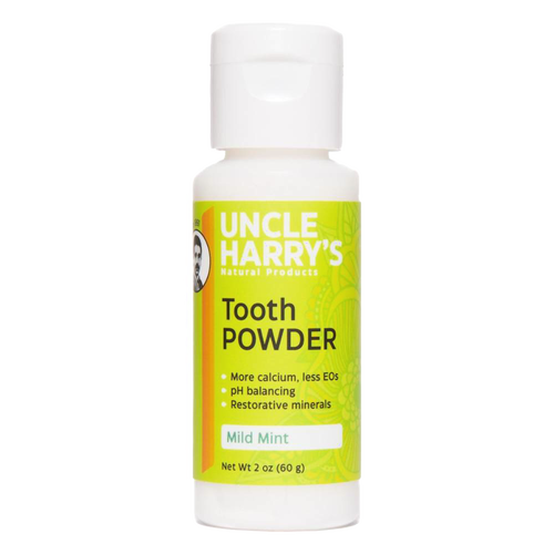 2 oz bottle of Uncle Harry’s Natural Tooth Powder in mild mint flavor, featuring pH balancing and restorative minerals, handcrafted and made in USA, ideal for Health & Wellness and Grooming collections