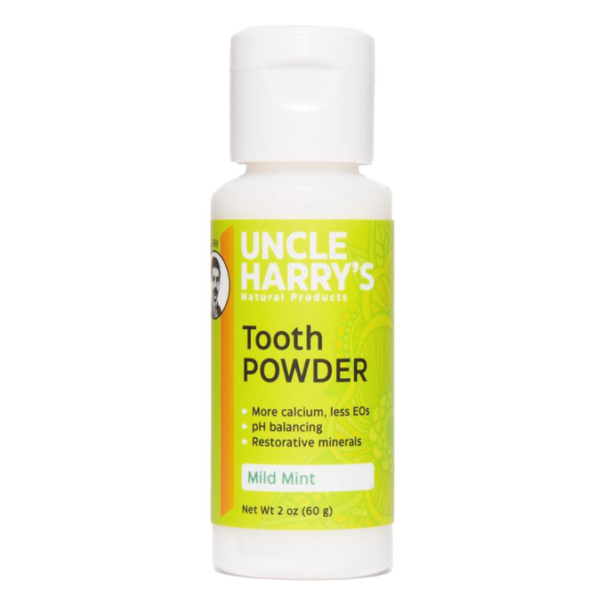 2 oz bottle of Uncle Harry’s Natural Tooth Powder in mild mint flavor, featuring pH balancing and restorative minerals, handcrafted and made in USA, ideal for Health & Wellness and Grooming collections