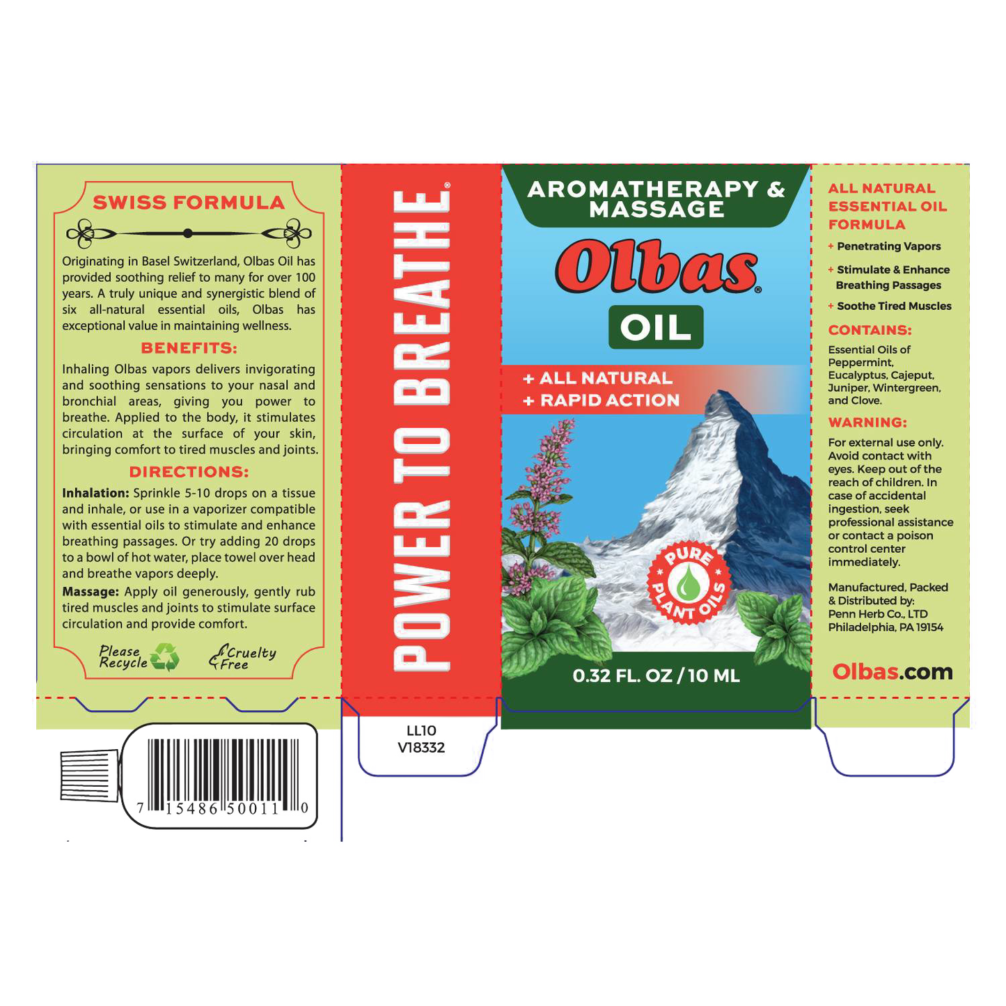 Label design for Olbas Aromatherapy and Massage Oil featuring natural essential oils blend, highlighting benefits for nasal and bronchial relief, with usage instructions, warnings, and product details, styled in green, red, and yellow tones, part of Health & Wellness and Best Sellers collections.