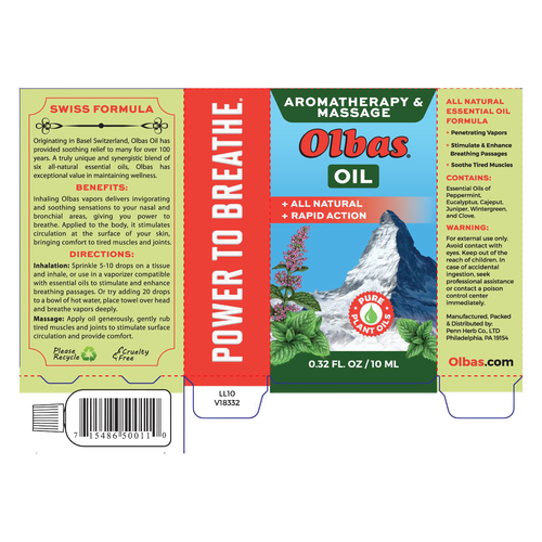 Label design for Olbas Aromatherapy and Massage Oil featuring natural essential oils blend, highlighting benefits for nasal and bronchial relief, with usage instructions, warnings, and product details, styled in green, red, and yellow tones, part of Health & Wellness and Best Sellers collections.