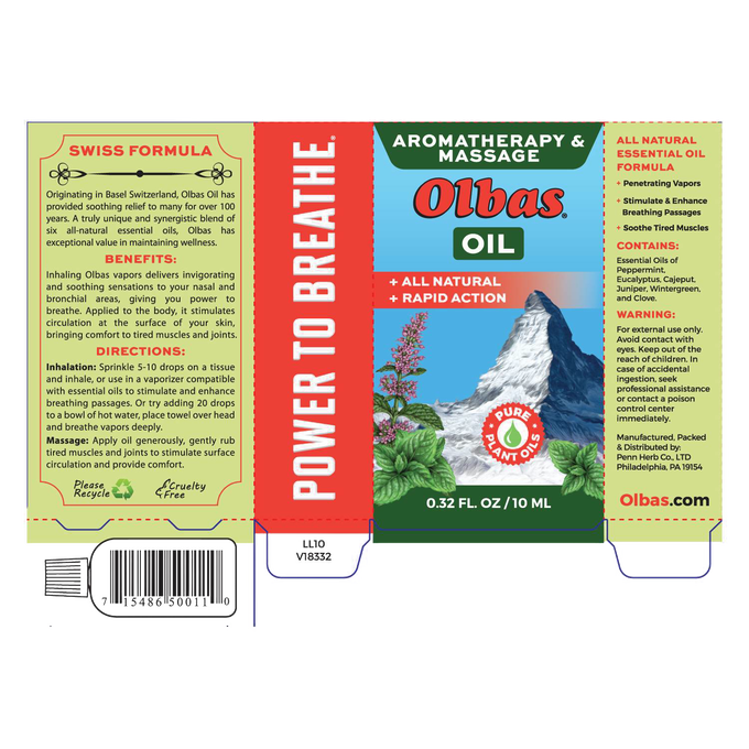 Label design for Olbas Aromatherapy and Massage Oil featuring natural essential oils blend, highlighting benefits for nasal and bronchial relief, with usage instructions, warnings, and product details, styled in green, red, and yellow tones, part of Health & Wellness and Best Sellers collections.