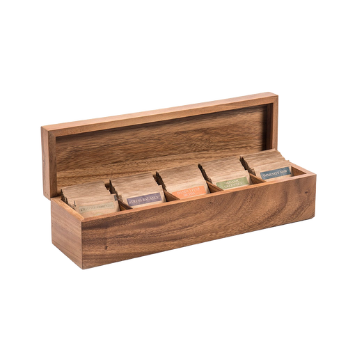 Handcrafted acacia wood tea box with six compartments holding assorted tea bags, designed for Kitchen & Food, Brewing Coffee and Tea, Storage and Serving collections.