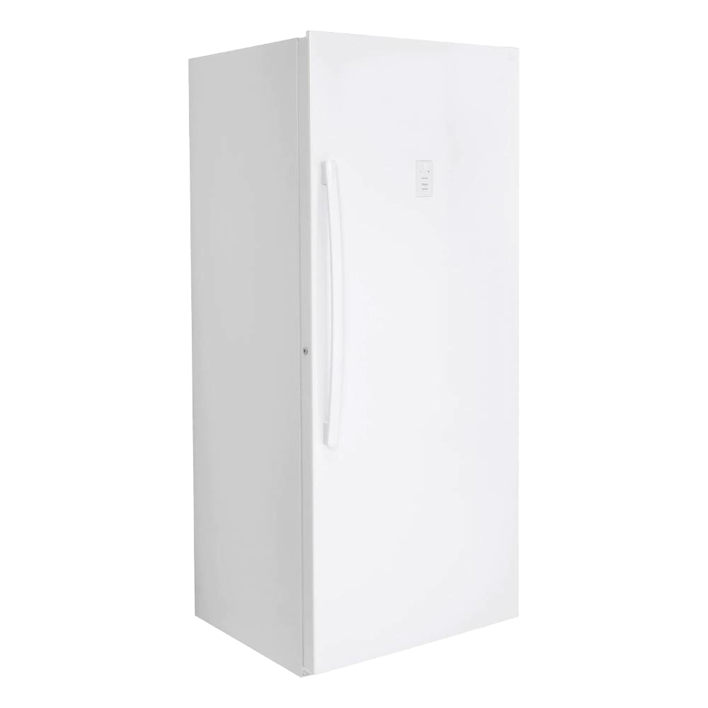 Tall white upright freezer with a sleek handle, handcrafted and Amish made in the USA, combining energy-free operation with spacious storage for appliances and refrigerators collections.