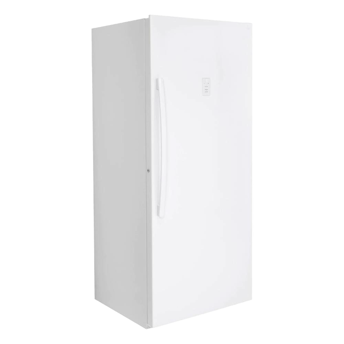 Tall white upright freezer with a sleek handle, handcrafted and Amish made in the USA, combining energy-free operation with spacious storage for appliances and refrigerators collections.