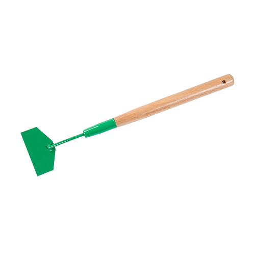 Hand tool with a green carbon steel blade and wooden handle designed for safely scraping grass and debris from lawn mower blades, featured in Farm, Garden & Tool and Lawncare collections.