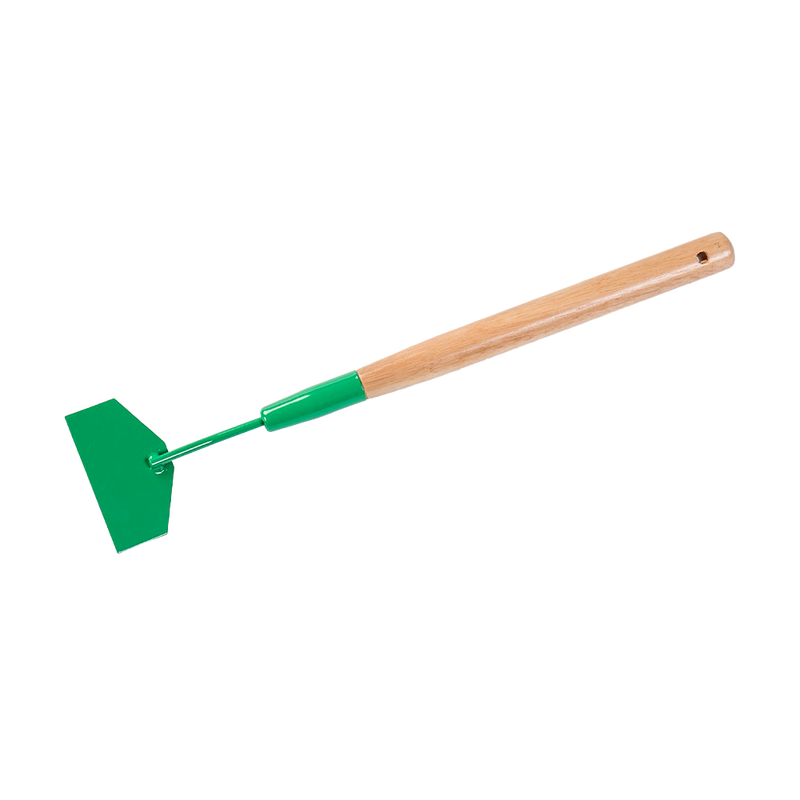 Hand tool with a green carbon steel blade and wooden handle designed for safely scraping grass and debris from lawn mower blades, featured in Farm, Garden & Tool and Lawncare collections.