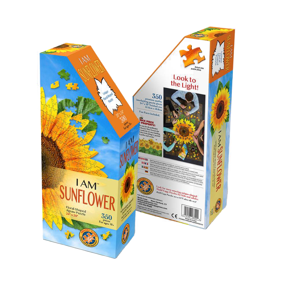 Colorful sunflower-shaped puzzle box featuring 350-piece handcrafted puzzle with educational facts, perfect for children's toys and games, puzzles, and best sellers collections.