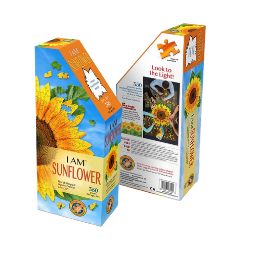 Colorful sunflower-shaped puzzle box featuring 350-piece handcrafted puzzle with educational facts, perfect for children's toys and games, puzzles, and best sellers collections.