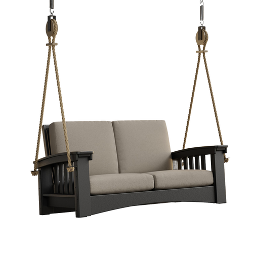Handcrafted Amish made 6 ft porch swing with soft beige cushions, durable black painted cypress, suspended by sturdy rope, perfect for Home & Decor, Outdoor Furniture, USA Made collections.