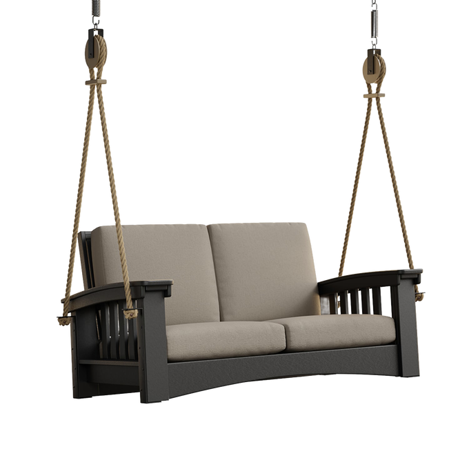Handcrafted Amish made 6 ft porch swing with soft beige cushions, durable black painted cypress, suspended by sturdy rope, perfect for Home & Decor, Outdoor Furniture, USA Made collections.