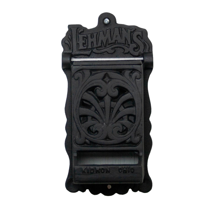 Black handcrafted vintage-style metal matchbox holder with ornate decorative design and Lehman's branding, made in USA, ideal for Home & Decor and Household Helpers collections.