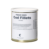 Can of freeze-dried cod fillets with white label, uncooked, boasting long shelf life and suitable for emergency supplies, kitchen food, meats, and freeze-dried collections, made in USA.