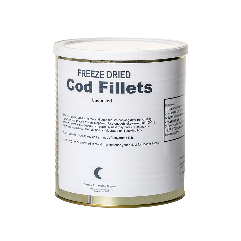 Can of freeze-dried cod fillets with white label, uncooked, boasting long shelf life and suitable for emergency supplies, kitchen food, meats, and freeze-dried collections, made in USA.