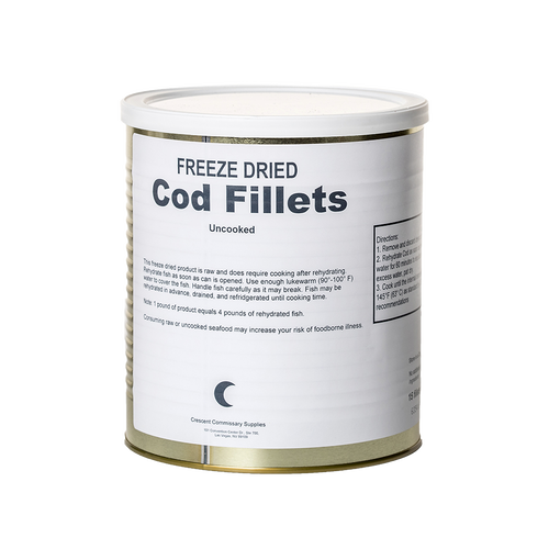 Can of freeze-dried cod fillets with white label, uncooked, boasting long shelf life and suitable for emergency supplies, kitchen food, meats, and freeze-dried collections, made in USA.