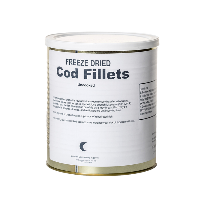 Can of freeze-dried cod fillets with white label, uncooked, boasting long shelf life and suitable for emergency supplies, kitchen food, meats, and freeze-dried collections, made in USA.