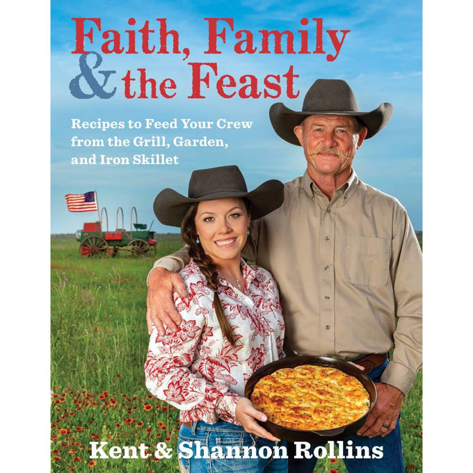 Cookbook cover showing Kent and Shannon Rollins in western attire holding a freshly baked iron skillet dish, set against a rural landscape with a wagon and American flag, featured in Toys, Books & Games, Books, Cookbooks, Best Sellers, and Promo Eligible collections.