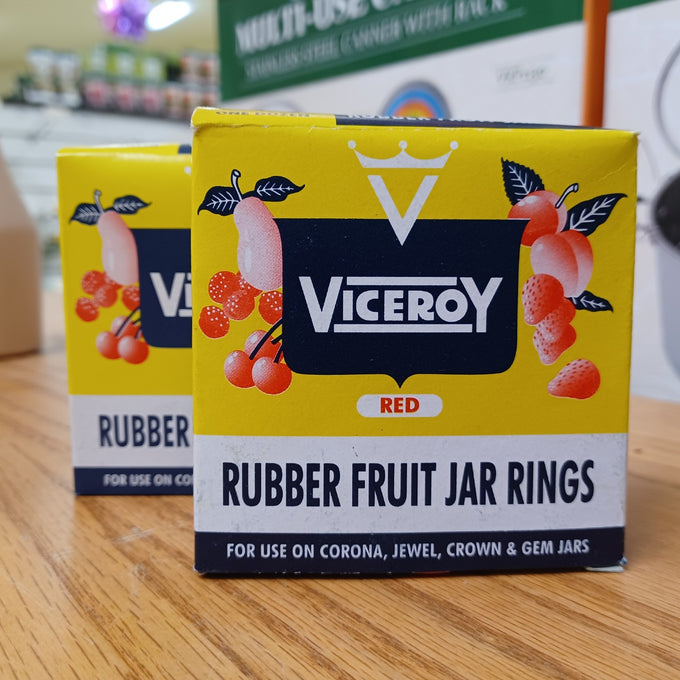 Pack of traditional red rubber rings for fruit jars, compatible with popular canning jars, displayed in bright yellow and navy packaging, ideal for Kitchen & Food and Food Preservation collections.