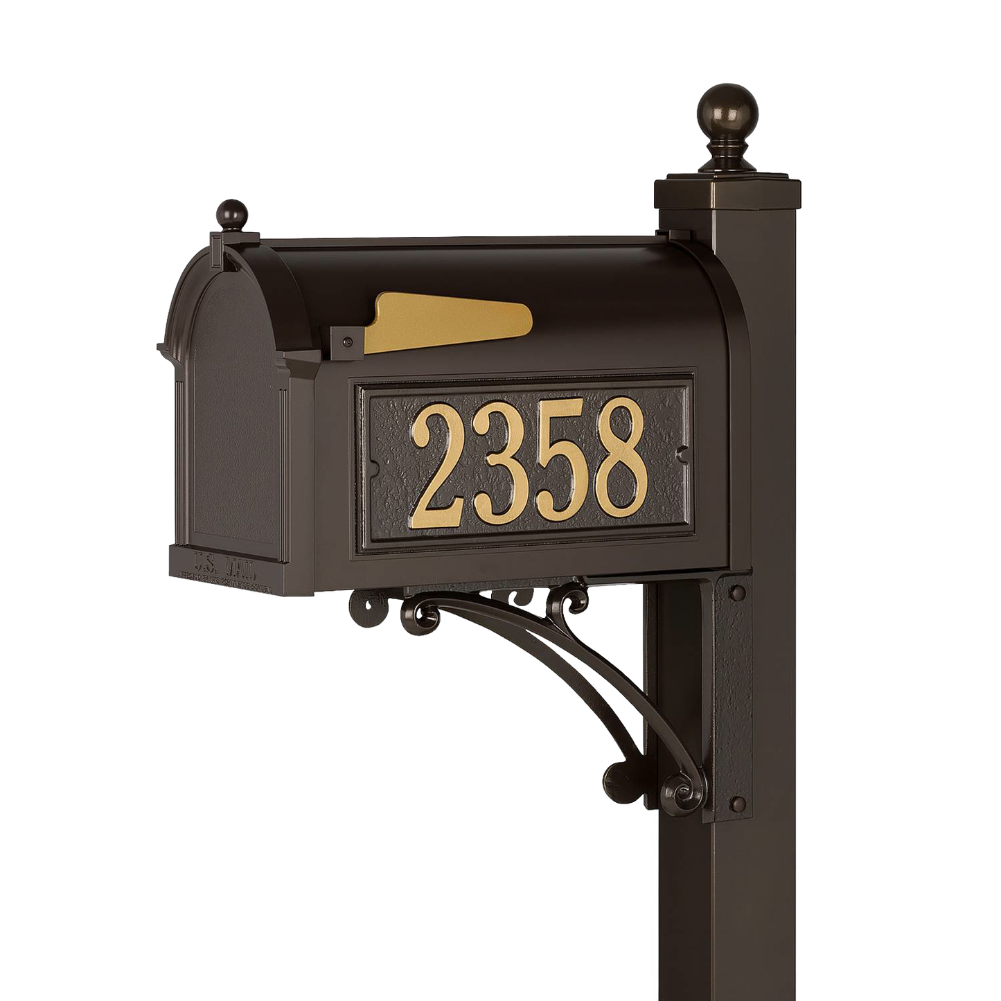 Handcrafted bronze and gold mailbox with personalized street numbers mounted on decorative post, designed to enhance curb appeal in Home & Decor and USA Made collections.