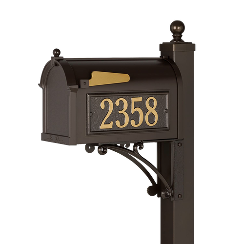 Handcrafted bronze and gold mailbox with personalized street numbers mounted on decorative post, designed to enhance curb appeal in Home & Decor and USA Made collections.