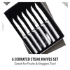 Set of six handcrafted stainless steel serrated steak knives with ergonomic handles, designed for precise cutting, perfect for kitchen knives, food prep, and USA Made collections.