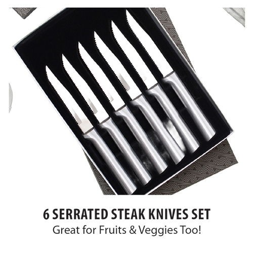 Set of six handcrafted stainless steel serrated steak knives with ergonomic handles, designed for precise cutting, perfect for kitchen knives, food prep, and USA Made collections.