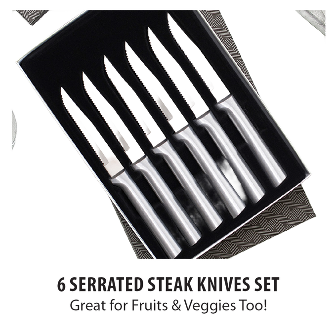 Set of six handcrafted stainless steel serrated steak knives with ergonomic handles, designed for precise cutting, perfect for kitchen knives, food prep, and USA Made collections.