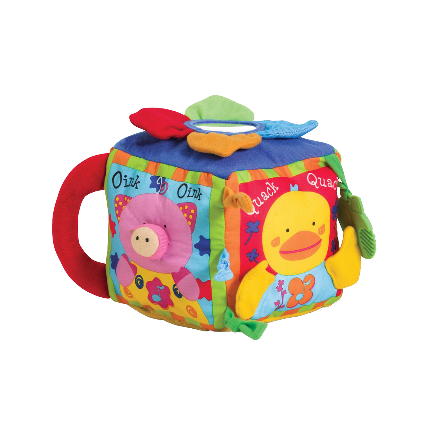 Colorful soft fabric farm animal cube toy with interactive textures, crinkly petals, mirrored panel, and animal sounds, designed for indoor play and children's learning activities.