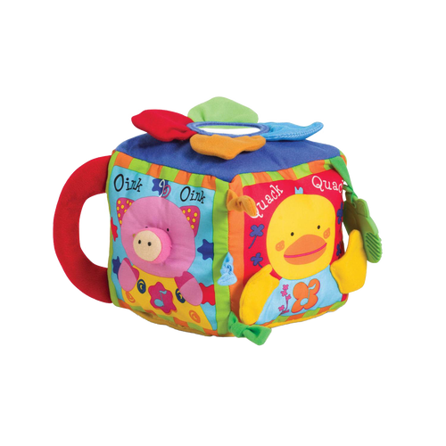Colorful soft fabric farm animal cube toy with interactive textures, crinkly petals, mirrored panel, and animal sounds, designed for indoor play and children's learning activities.