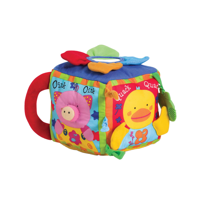 Colorful soft fabric farm animal cube toy with interactive textures, crinkly petals, mirrored panel, and animal sounds, designed for indoor play and children's learning activities.
