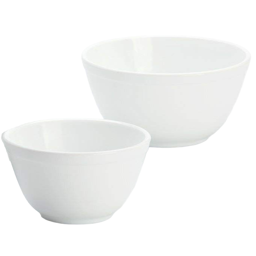 Two white glass mixing bowls in small and medium sizes, handcrafted in USA, ideal for Kitchen & Food, Cookware, Baking Supplies, Dinnerware, Best Sellers, and Promo Eligible collections.