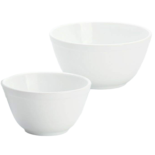 Two white glass mixing bowls in small and medium sizes, handcrafted in USA, ideal for Kitchen & Food, Cookware, Baking Supplies, Dinnerware, Best Sellers, and Promo Eligible collections.