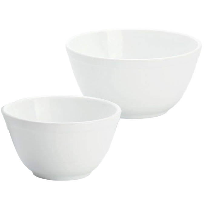 Two white glass mixing bowls in small and medium sizes, handcrafted in USA, ideal for Kitchen & Food, Cookware, Baking Supplies, Dinnerware, Best Sellers, and Promo Eligible collections.
