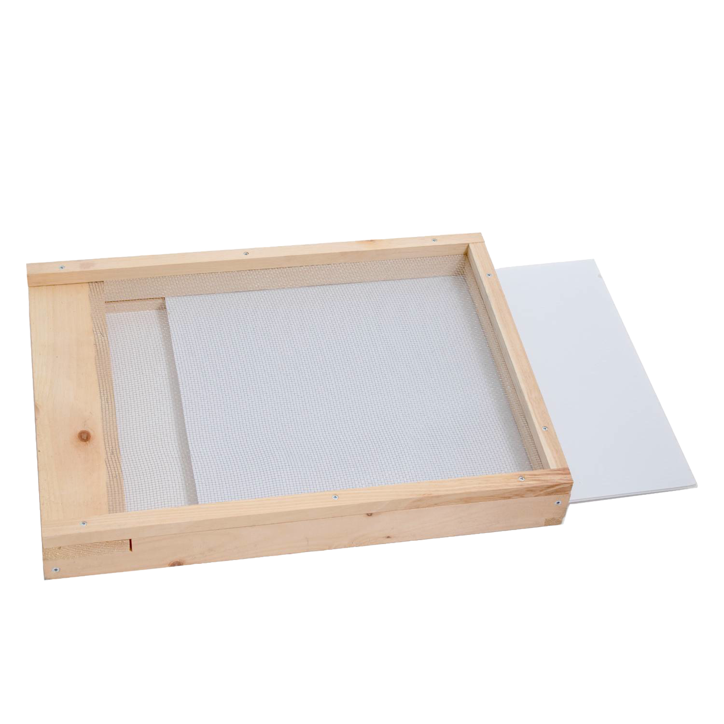 Handcrafted Amish-made 10-frame debris board with wooden frame and Coroplast sliding panel, designed for beekeeping and monitoring mites in Farm, Garden & Tool collections.