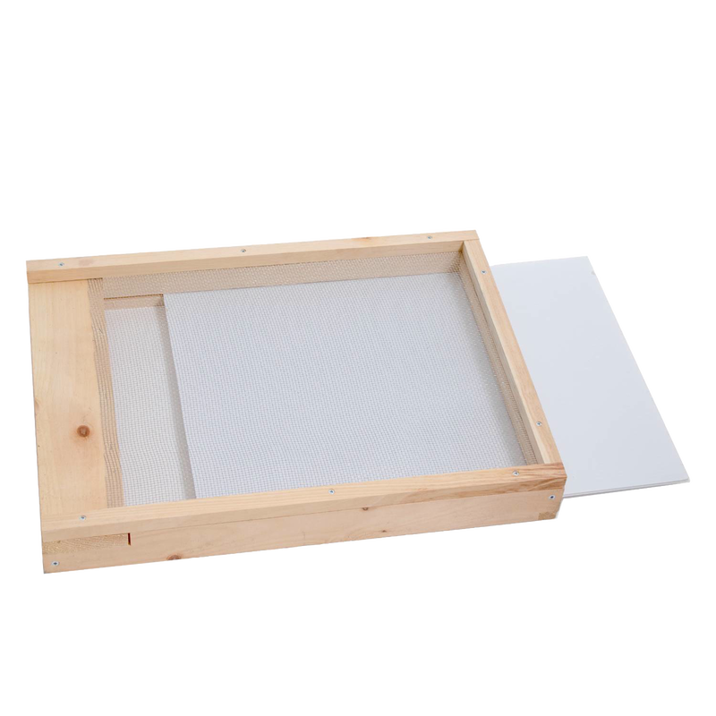Handcrafted Amish-made 10-frame debris board with wooden frame and Coroplast sliding panel, designed for beekeeping and monitoring mites in Farm, Garden & Tool collections.