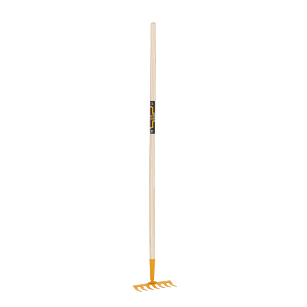 Child-sized durable garden rake with a wooden handle and yellow metal tines, designed for outdoor play and gardening in Toys, Children's Toys, Outdoor Play, and Best Sellers collections.