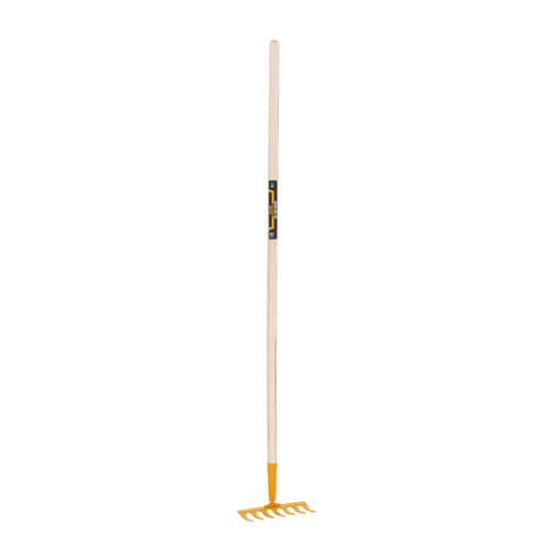 Child-sized durable garden rake with a wooden handle and yellow metal tines, designed for outdoor play and gardening in Toys, Children's Toys, Outdoor Play, and Best Sellers collections.