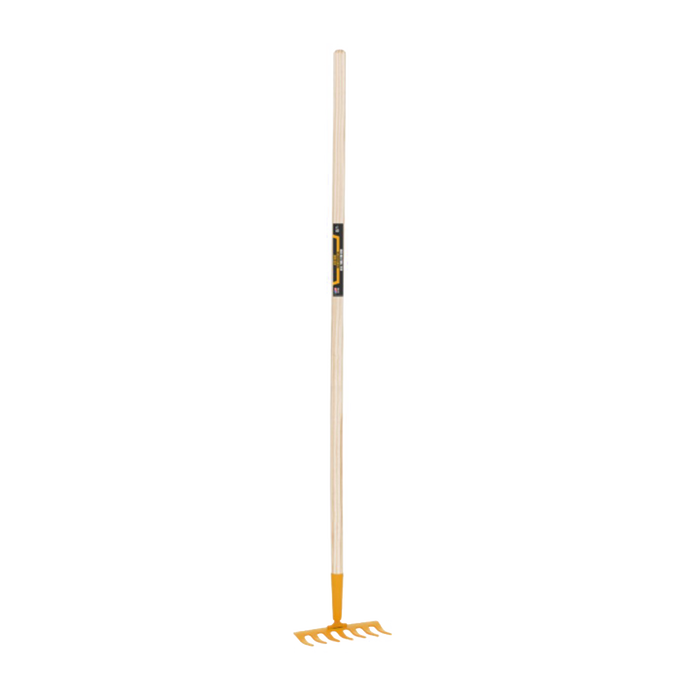 Child-sized durable garden rake with a wooden handle and yellow metal tines, designed for outdoor play and gardening in Toys, Children's Toys, Outdoor Play, and Best Sellers collections.