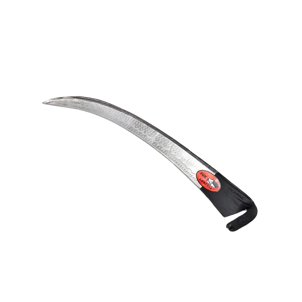 Curved handcrafted scythe blade with pointed tip for efficient cutting through thick vegetation, ideal for farm, garden, and lawncare tasks in best sellers and promo collections.