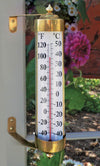 Large wall-mounted thermometer with bronze patina finish and clear Fahrenheit and Celsius readings, handcrafted for Home & Decor, Garden Accessories, Farm, Garden & Tool, and Best Sellers collections.