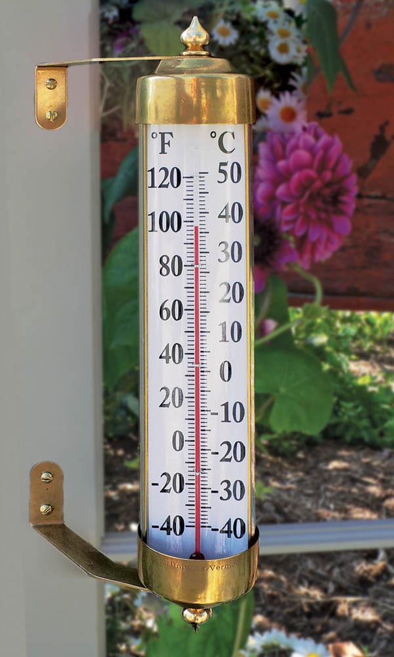 Large wall-mounted thermometer with bronze patina finish and clear Fahrenheit and Celsius readings, handcrafted for Home & Decor, Garden Accessories, Farm, Garden & Tool, and Best Sellers collections.