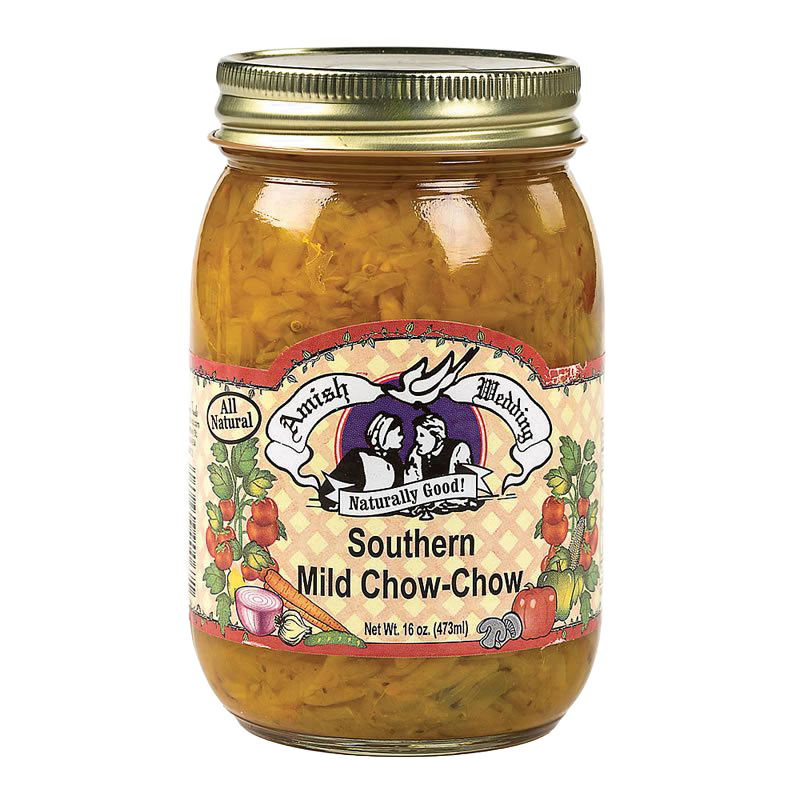 Glass jar of Amish-made mild Southern chow-chow relish with a gold metal lid, featured in Kitchen & Food, Pantry, USA Made, Best Sellers, and Promo Eligible collections.