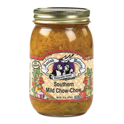 Glass jar of Amish-made mild Southern chow-chow relish with a gold metal lid, featured in Kitchen & Food, Pantry, USA Made, Best Sellers, and Promo Eligible collections.