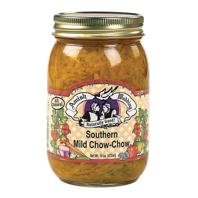 Glass jar of Amish-made mild Southern chow-chow relish with a gold metal lid, featured in Kitchen & Food, Pantry, USA Made, Best Sellers, and Promo Eligible collections.