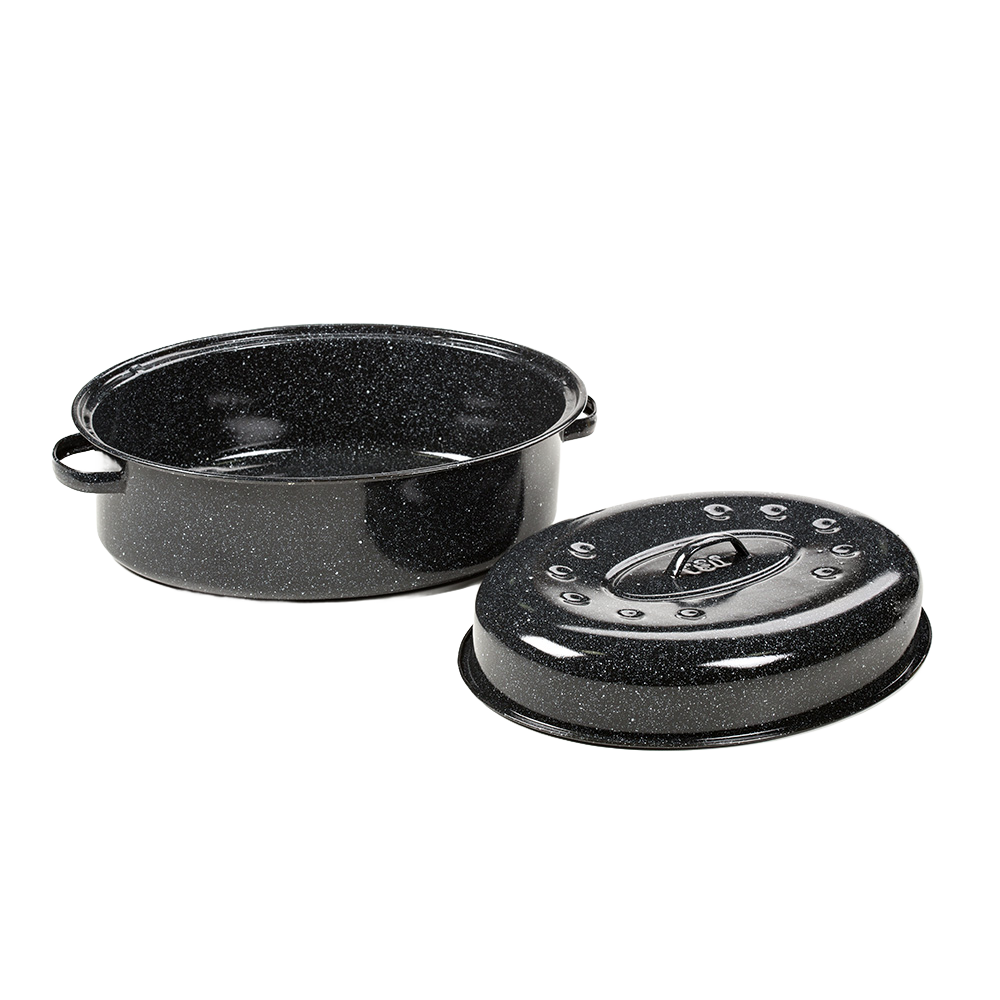 Handcrafted classic graniteware roaster in black enamel-on-steel with matching lid featuring self-basting dimples, ideal for Kitchen & Food, Cookware, Pots and Pans, and Best Sellers collections.