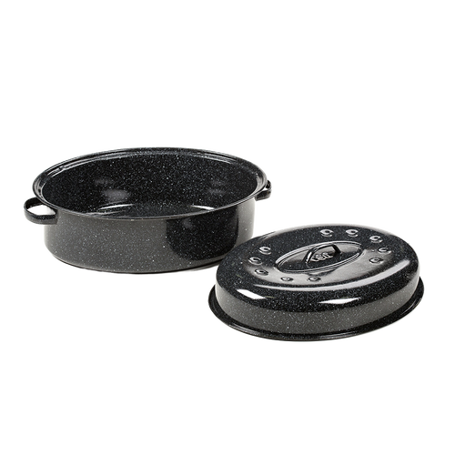 Handcrafted classic graniteware roaster in black enamel-on-steel with matching lid featuring self-basting dimples, ideal for Kitchen & Food, Cookware, Pots and Pans, and Best Sellers collections.