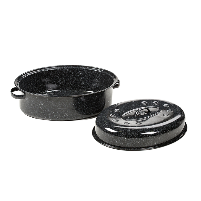 Handcrafted classic graniteware roaster in black enamel-on-steel with matching lid featuring self-basting dimples, ideal for Kitchen & Food, Cookware, Pots and Pans, and Best Sellers collections.
