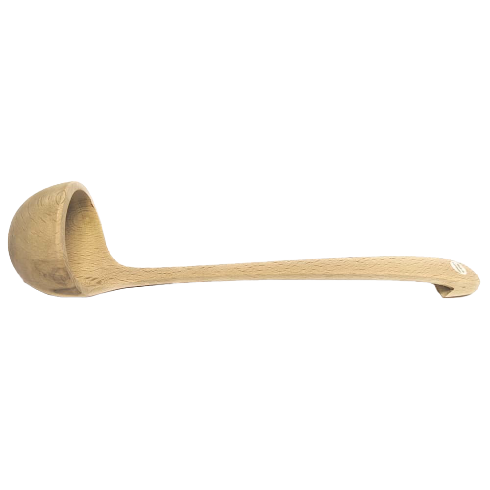 Handcrafted wooden dipper carved from beech wood with a long handle and deep scoop, ideal for serving, featured in Kitchen & Food, Storage and Serving, and Best Sellers collections.