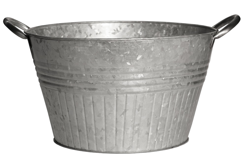 Galvanized metal planter tub with sturdy metal handles and vintage-inspired design, perfect for Farm, Garden & Tool and Garden Accessories collections.