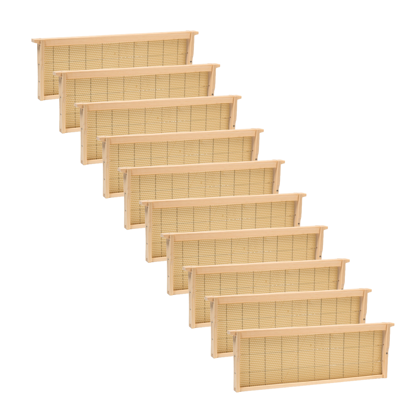 Row of ten handcrafted medium wooden bee frames with wired natural beeswax foundation, Amish made in the USA, ideal for beekeeping supplies and farm, garden & tool collections.