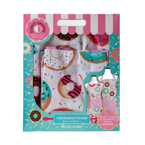 Set of matching aprons for adults and children with colorful donut patterns and large front pockets, designed for cooking and crafts; ideal for Kitchen & Food and Kitchen Textiles collections.